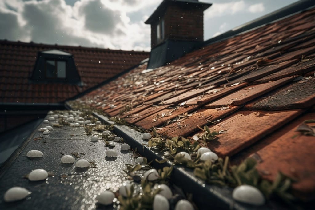 close up to hailstones and leaves on the roof