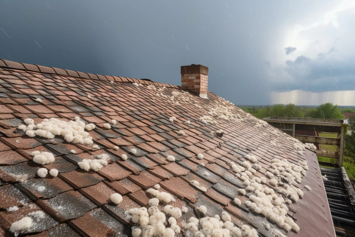 close up to hail stones on the house roof