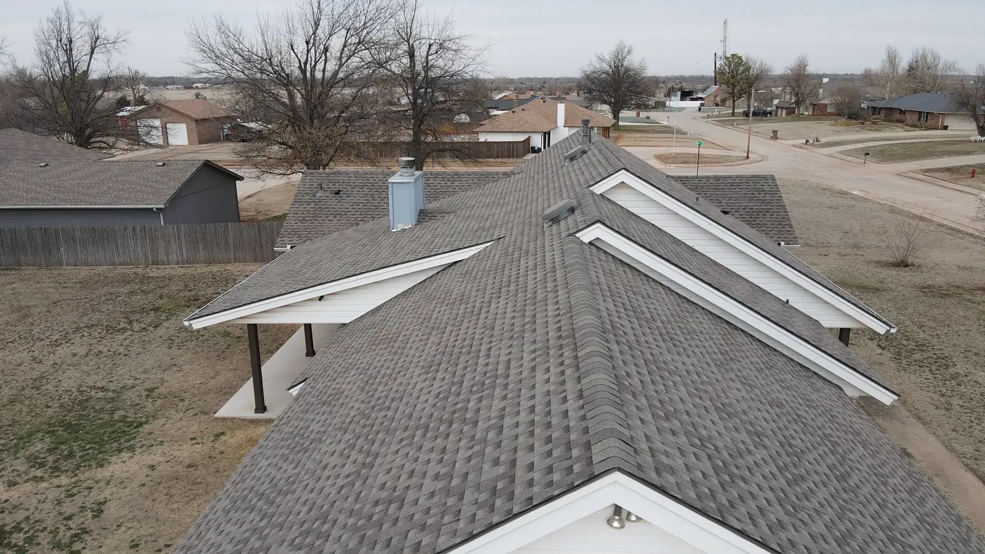 Ridge view of asphalt shingle roof