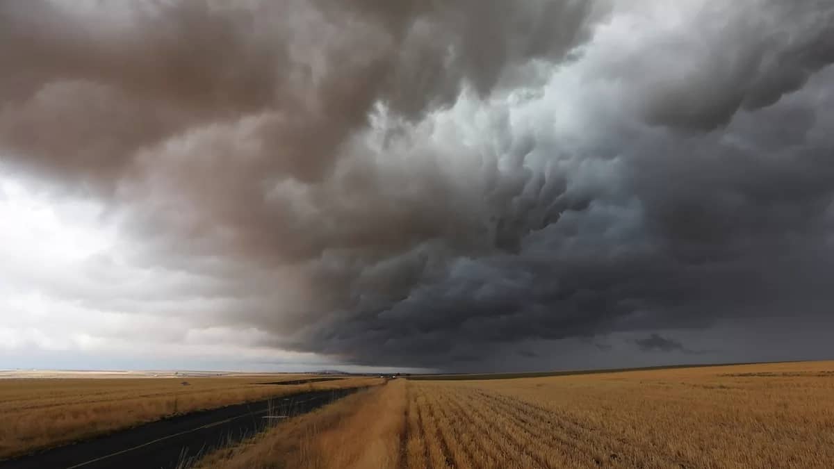 storm clouds gathering in rural oklahoma