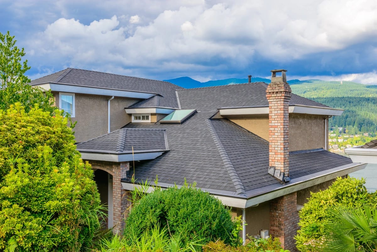 repaired house roof with trees in the yaard