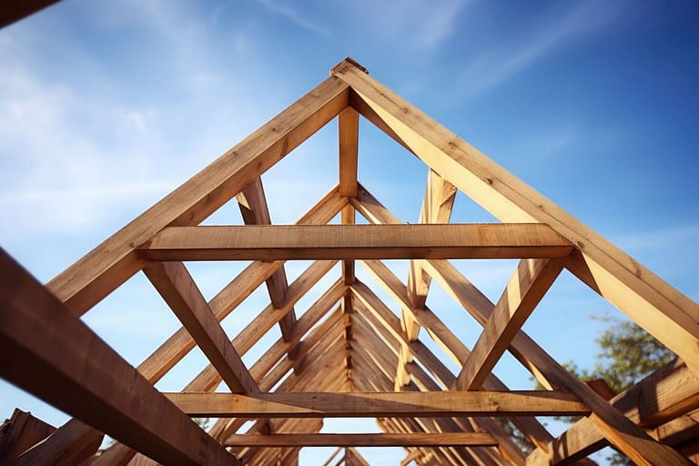Wood roof trusses constructed with construction framing beams timber