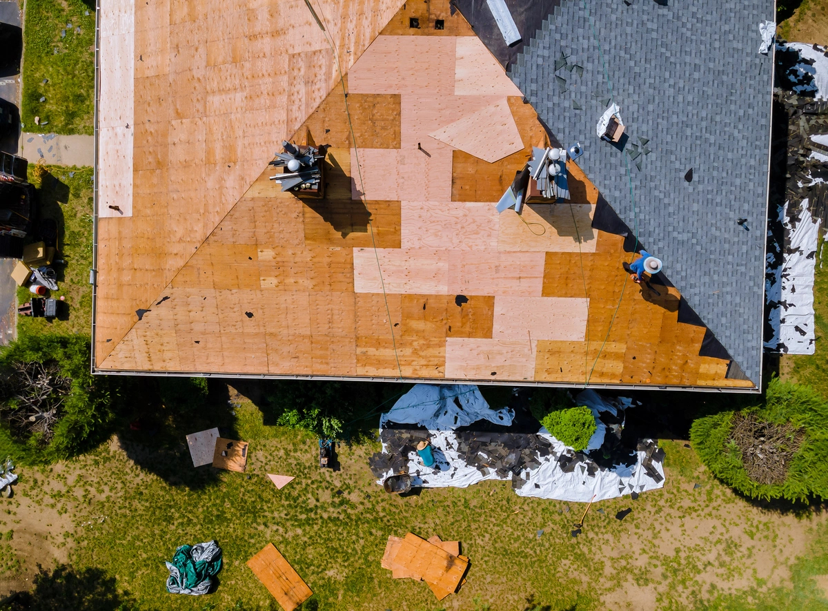 arial view of a roof being replaced