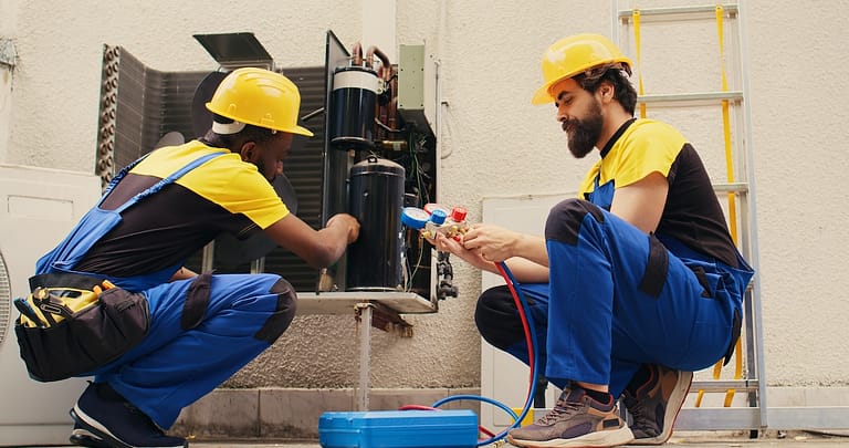 Colleagues servicing condenser