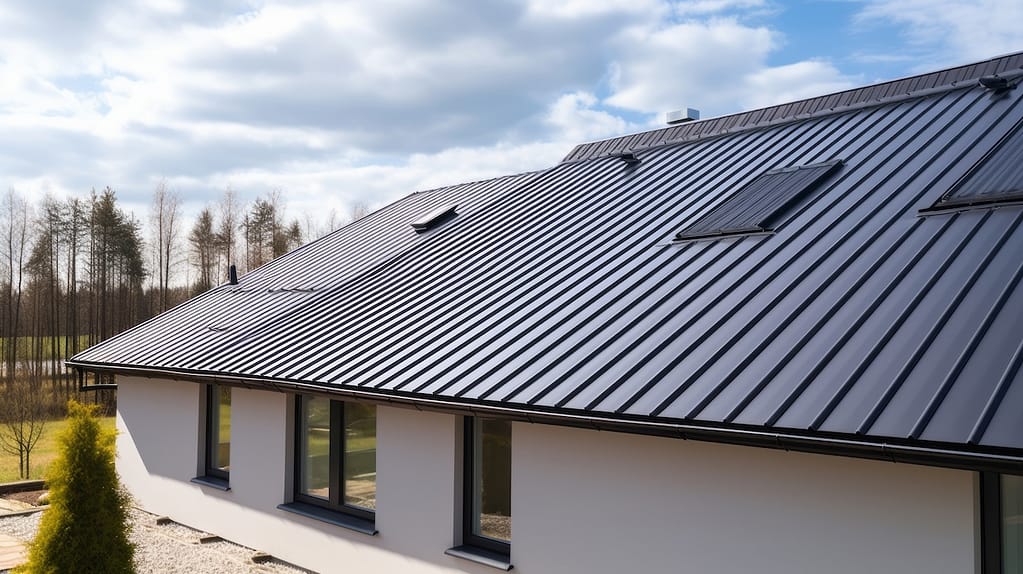 Corrugated metal roof installed in a modern house, view from outdoors.