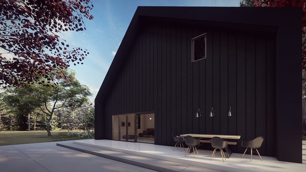 A modern minimalist home featuring vertical black hardie siding fiber cement panels, a steep gabled roofline, and a sleek white patio area.