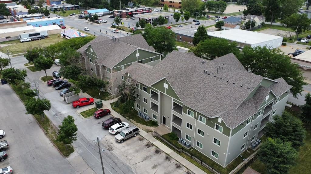 Apartment building with a new roof