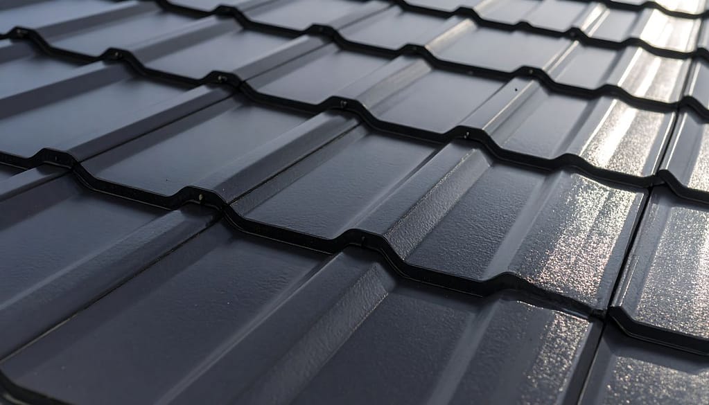 Dark gray metal roof shingles pattern