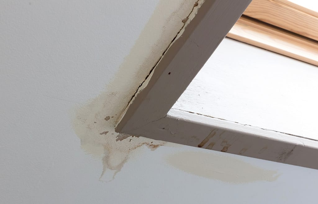 Roof window after leaking, wood and ceiling in serious need of some maintenance