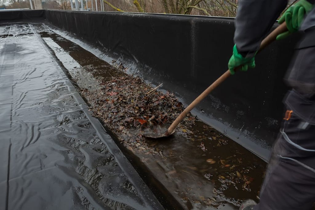 The gutter is blocked on a flat roof