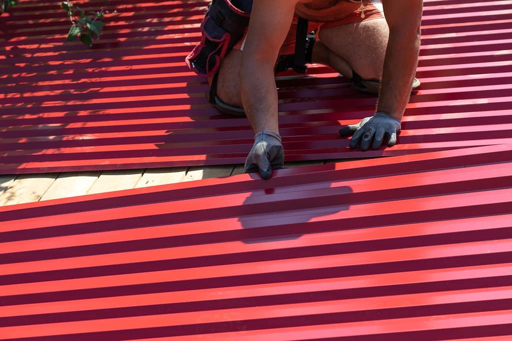 metal roof colors guy installing red corrugated roof
