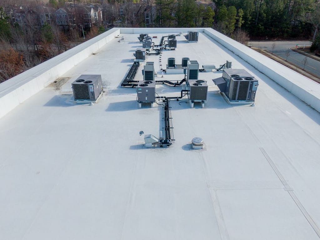 commercial roofing companies in ankeny big tpo roof with HVAC system on top