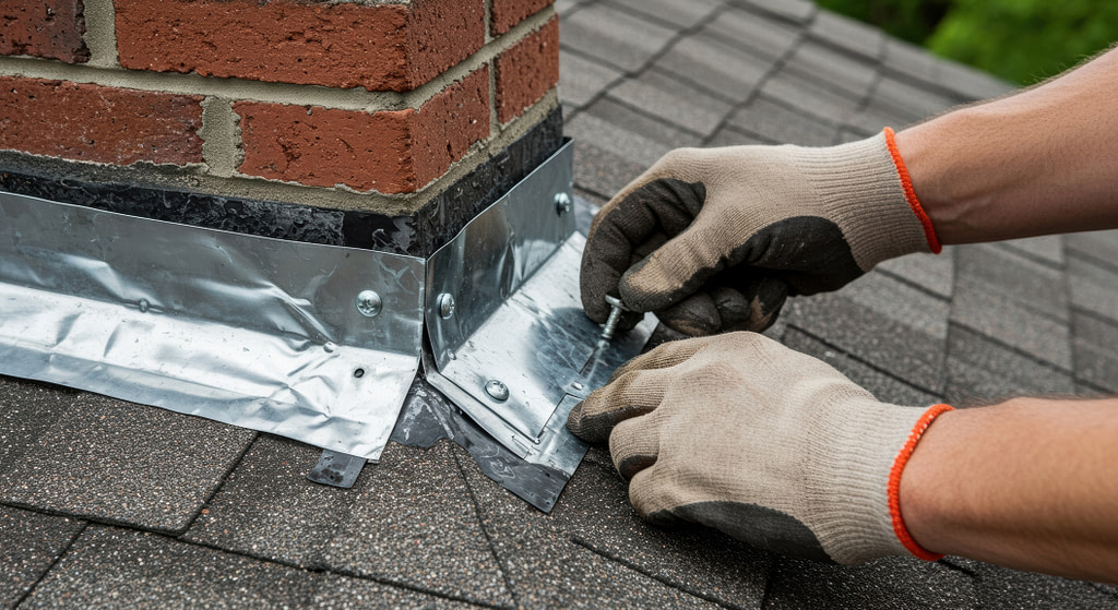 Homeowner performs chimney flashing repair