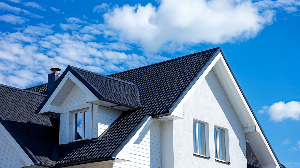 A white house with a black tiled roof against a blue sky with white clouds.