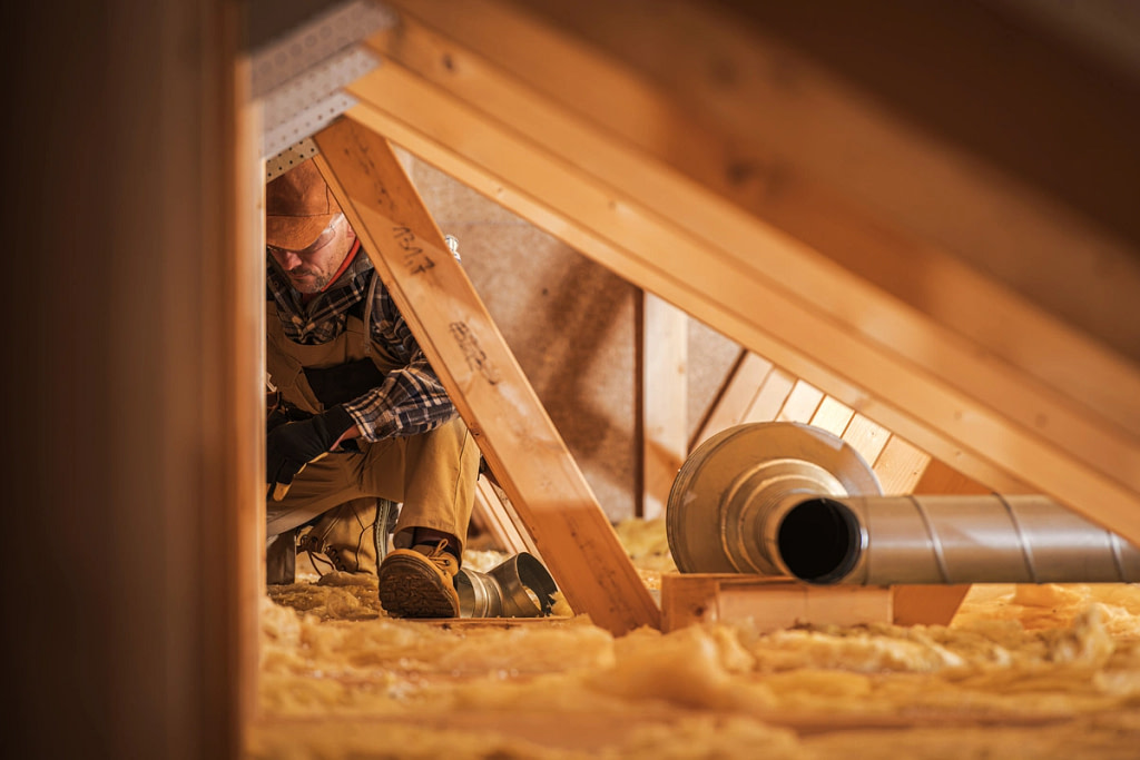 worker installing insulation in an attic for the winter months