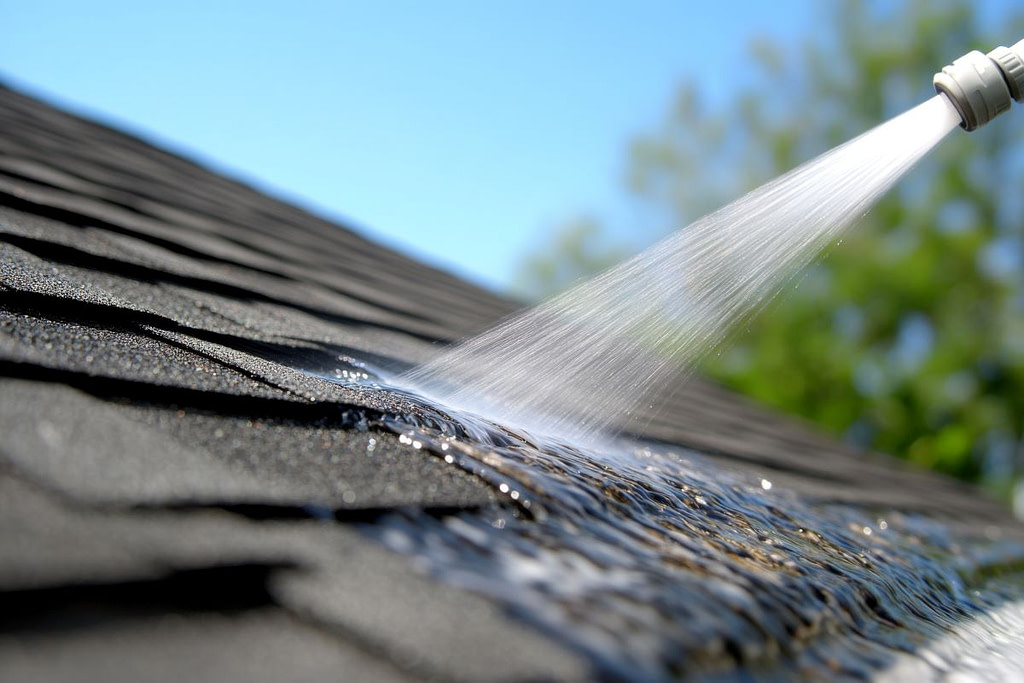 closeup of hose cleaning asphalt roof