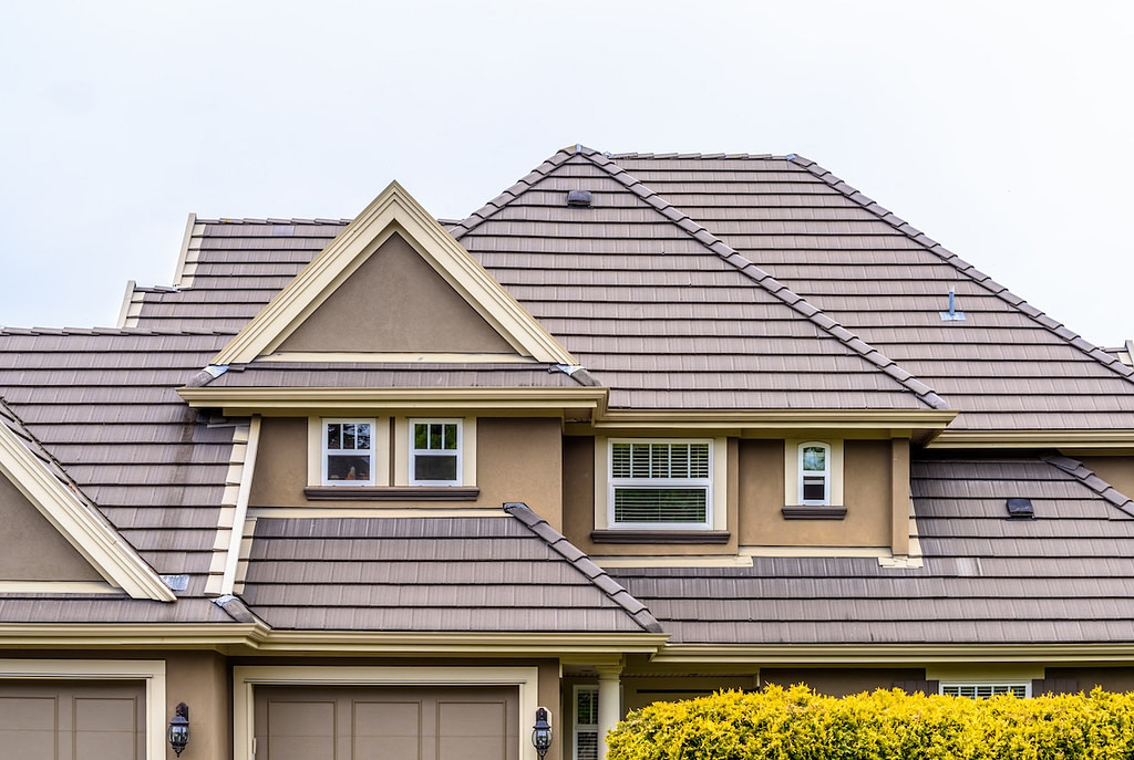 Brown metal roof on residential house