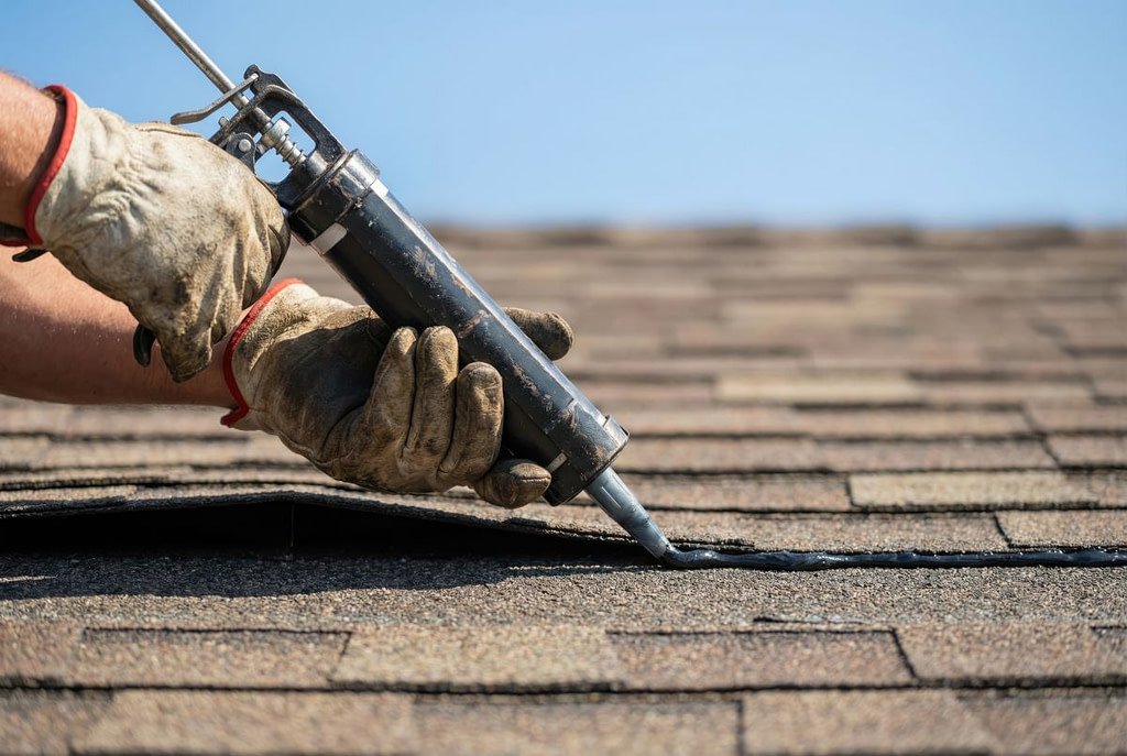 A roofer is applying black sealant to the seams of roof shingles with a caulking gun