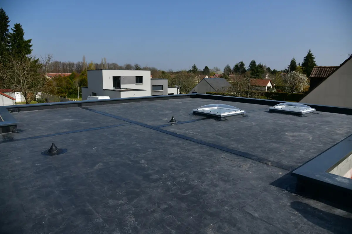 Flat roof with black rubber roofing (EPDM) and skylights on a commercial building in a residential neighborhood.