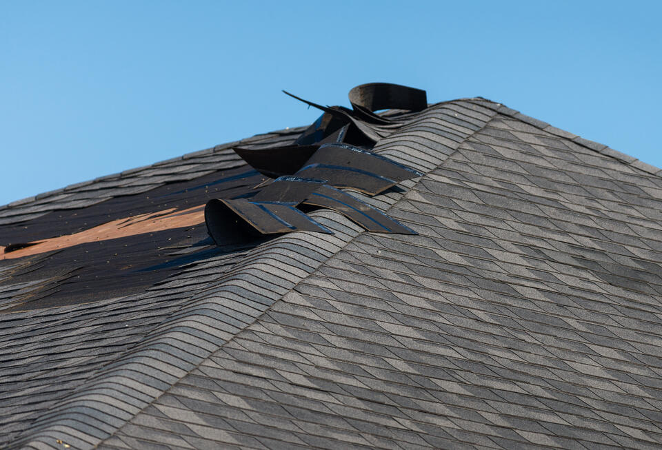 wind damage to roof-lifted shingles on gray roof