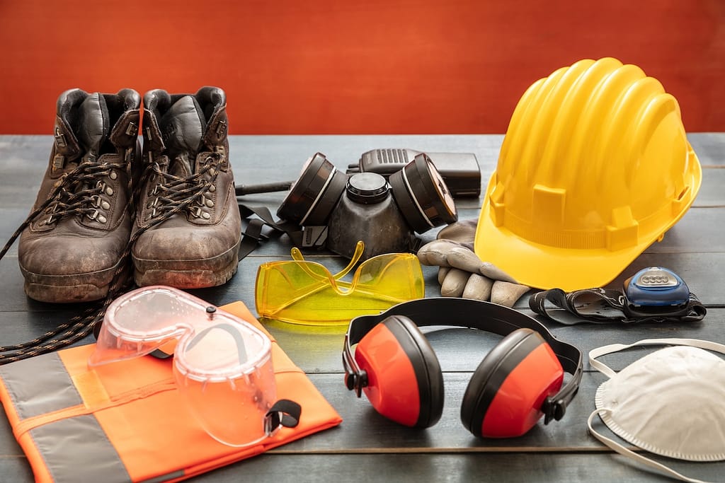 Work safety protection equipment. Industrial protective gear on wooden table