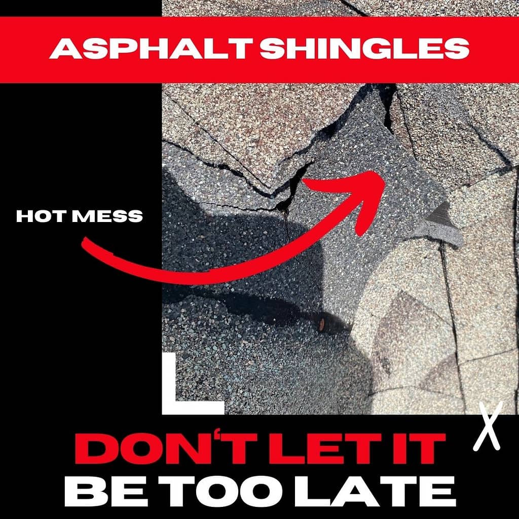 Severely damaged asphalt shingles on a Houston roof, showing cracks and missing granules, leading to water infiltration risks.