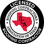 Logo of the Roofing Contractors Association of Texas. It features a red outline of the state of Texas in the center with the letters "RCA" inside. "Licensed Roofing Contractors Association of Texas" is written in a circular border.