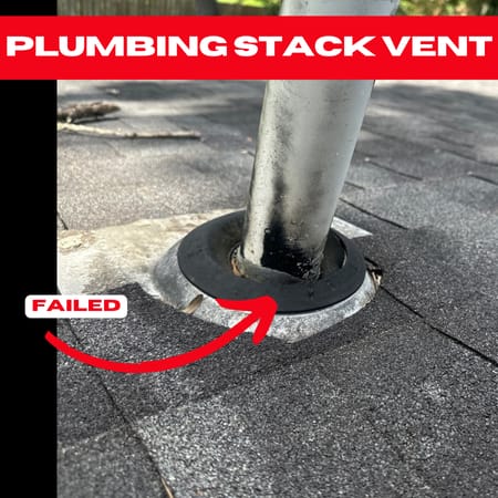Close-up of a plumbing stack vent on a roof with a damaged rubber seal. The seal shows wear and signs of failure. A red arrow labeled "FAILED" points to the damaged area, highlighting the urgency for repair by a skilled Houston roofing contractor. The words "PLUMBING STACK VENT" are above in a red banner.