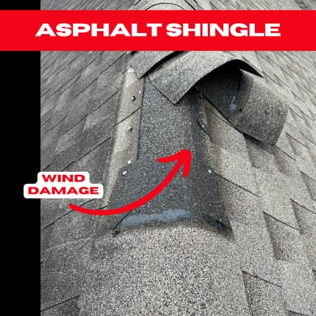 Wind-damaged asphalt shingles on a Houston roof, highlighting the need for immediate roof repair to prevent further water intrusion.