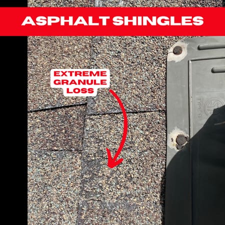 Close-up of asphalt shingles with a highlighted area labeled "Extreme Granule Loss," indicated by a red arrow. A gray plastic object is partially visible on the right side. The top banner reads "Asphalt Shingles" in white text on a red background, emphasizing the need for Houston roof repair expertise.