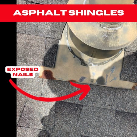 Close-up of exposed nails on asphalt shingles in a Rosenberg home, showing potential for water intrusion.