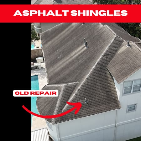 Aerial view of a house with a large roof covered in asphalt shingles, typical of Cinco Ranch roofing. An arrow labeled "Old Repair" points to a section. In the upper-left corner, bold red text reads "Asphalt Shingles." A swimming pool is visible beside the house.