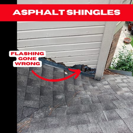 Flashing failure on asphalt shingles in Houston, exposing the home to water damage.
