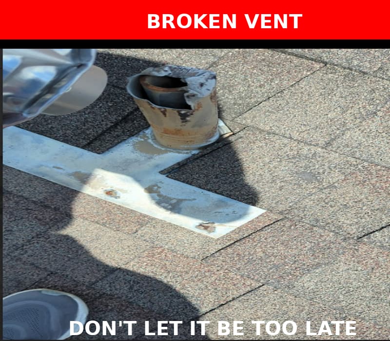 Close-up of a broken roof vent pipe with rusted flashing, highlighting the risk of leaks and roof deterioration.