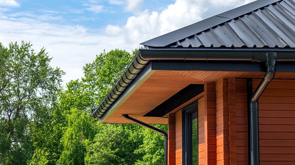 wood siding and black gutters on house