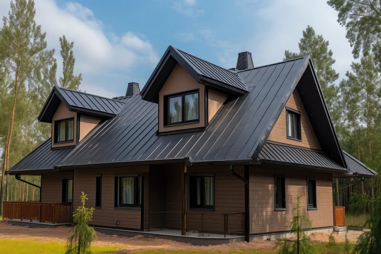 new finished construction with a black matte metal shingle roof