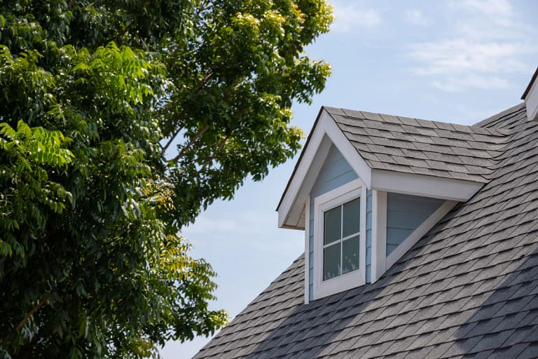 repaired house roof with window and tree on the back