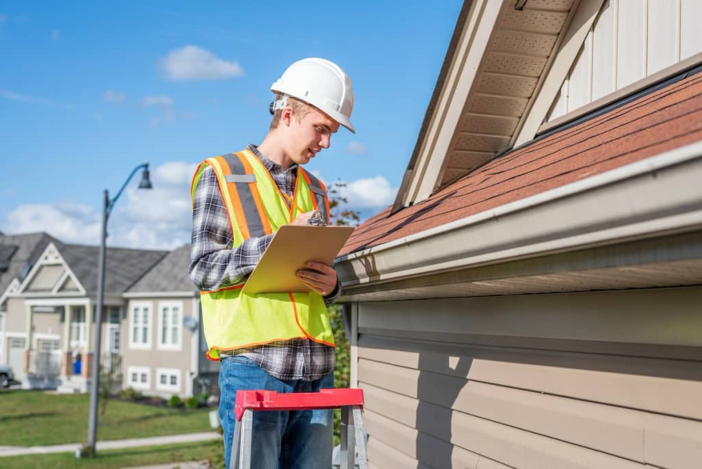 home inspector standing on ladder taking notes for the house roof