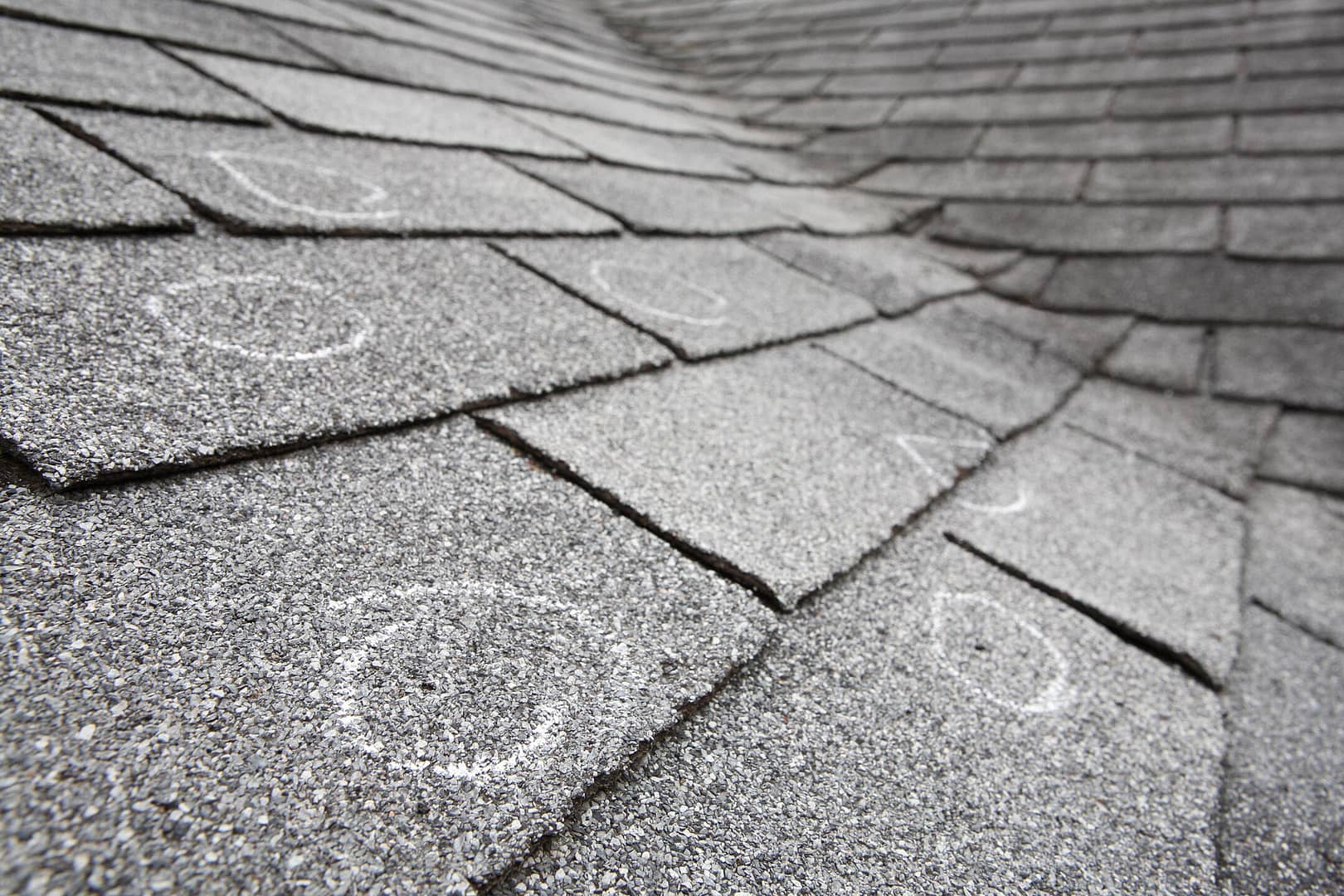 hail damage vs blistering-close up of hail damaged circled on a shingle roof