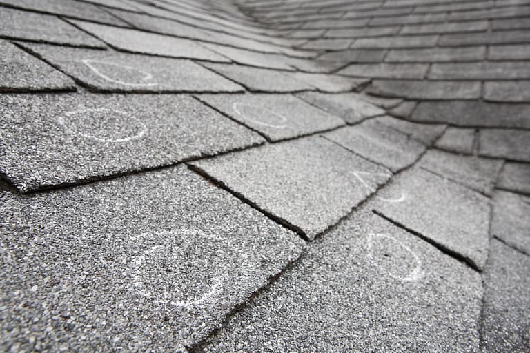 hail damage vs blistering-close up of hail damaged circled on a shingle roof