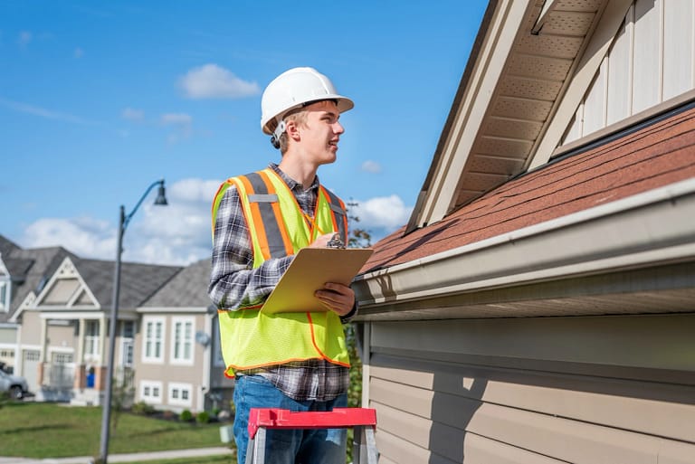 a roofer with a clipboard inspects a roof