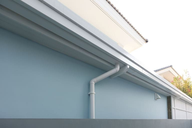 Rain gutter install on steel structure, connect to pvc downpipe or downspout