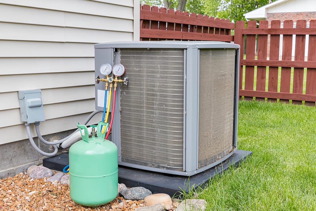 refrigerant leak Dirty air conditioning unit. Condenser coils full of dirt and grass debris. Freon charging tools. Concept of home air conditioner repair, service, cleaning and maintenance