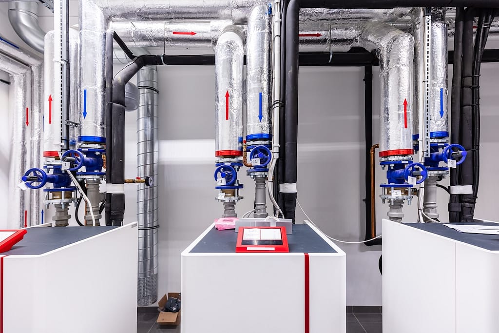 commercial boiler Heat pump room in modern commercial building