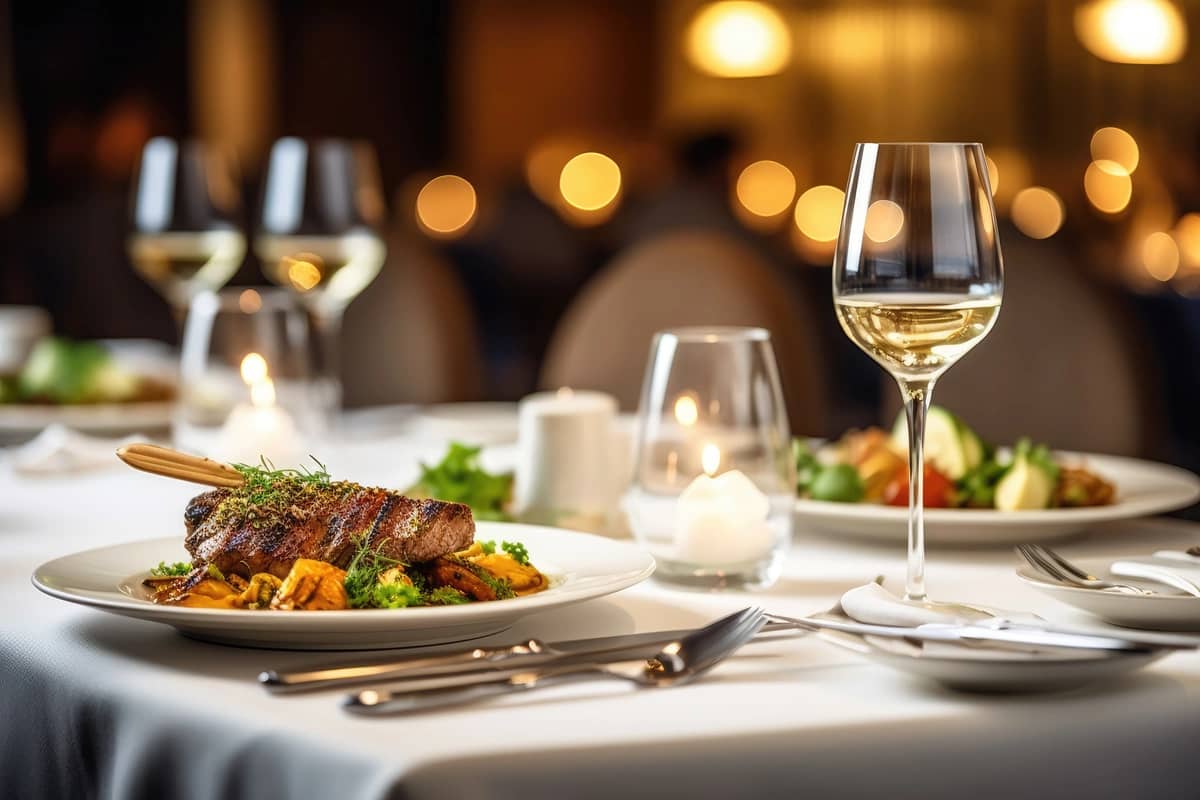 view of restaurant table with steak and wine