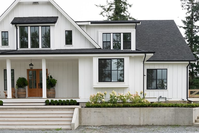 Modern farmhouse style white with black accents and trim