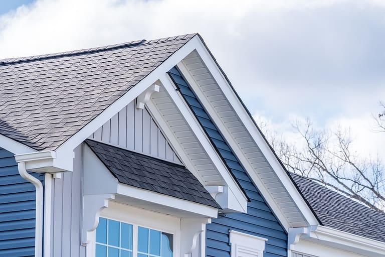 Blue siding house with newly installed white fascia and trim