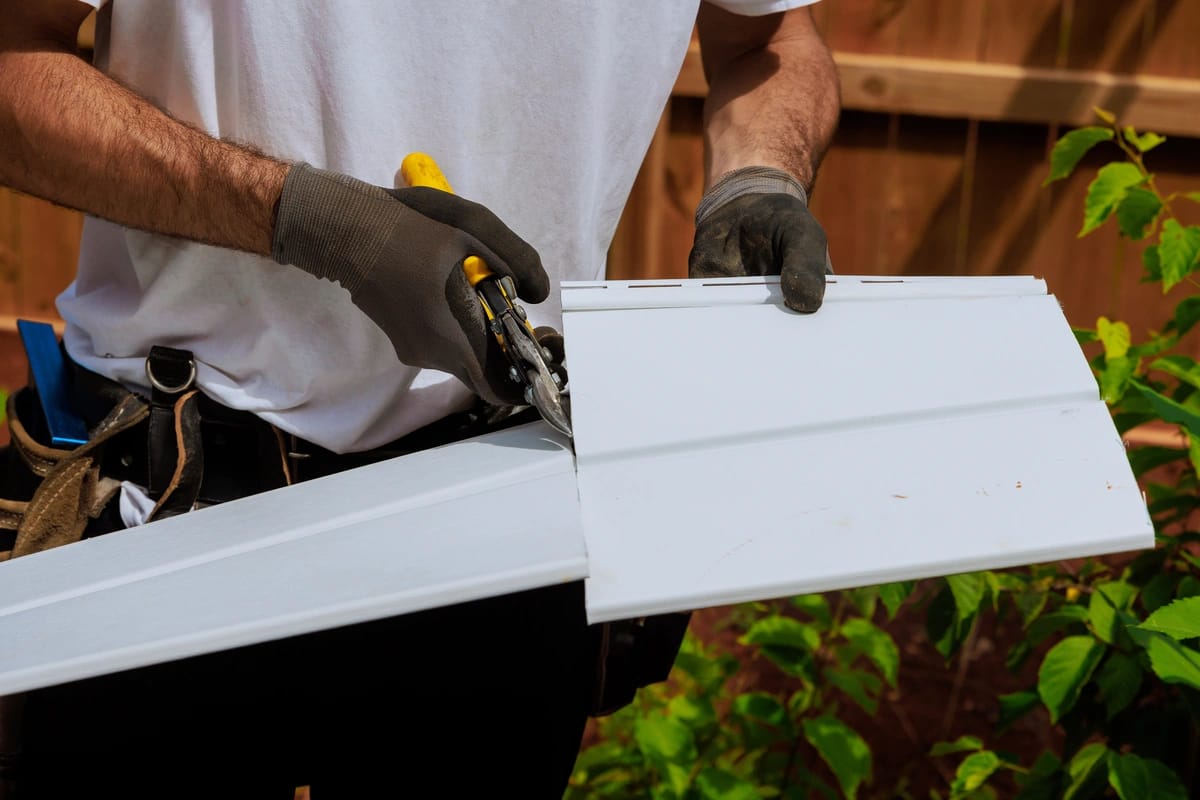 worker using a pair of cutters to cut vinyl siding