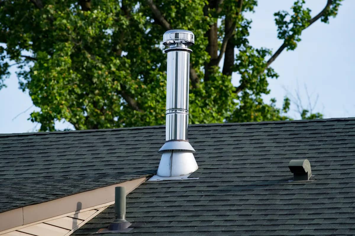 A shiny metal chimney pipe extends from the dark shingled roof of a building. Tall green trees are visible in the background under a clear blue sky.