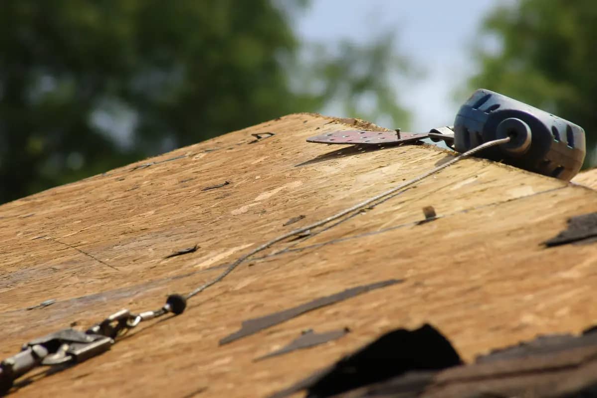A safety line with a retractable lifeline is attached to a roof, leading up the wooden surface. The roof appears weathered, with visible wear. The background shows blurred greenery and trees under a clear sky.